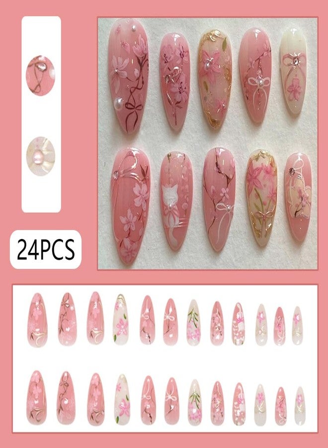 WAFOLOZE Almond Shape Press on Nails Medium Fake Nails with 3D Line Flower Bow Pearl Diamond Handmade Designs Acrylic Glue on False Nails Artificial Nail Press Ons Stick On Nails for Women 24Pcs - Image 2